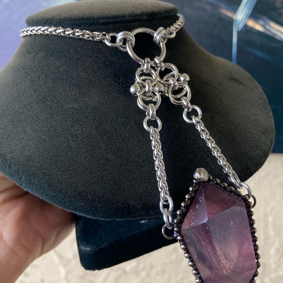 Natural big purple amethyst crystal gemstone boho goth maille steel necklace - Picture 6 of 16